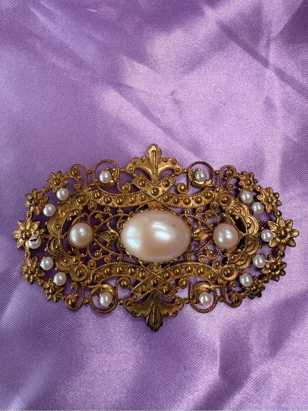 Miriam Haskell Vintage Gold-Tone Pearl Filigree Brooch
